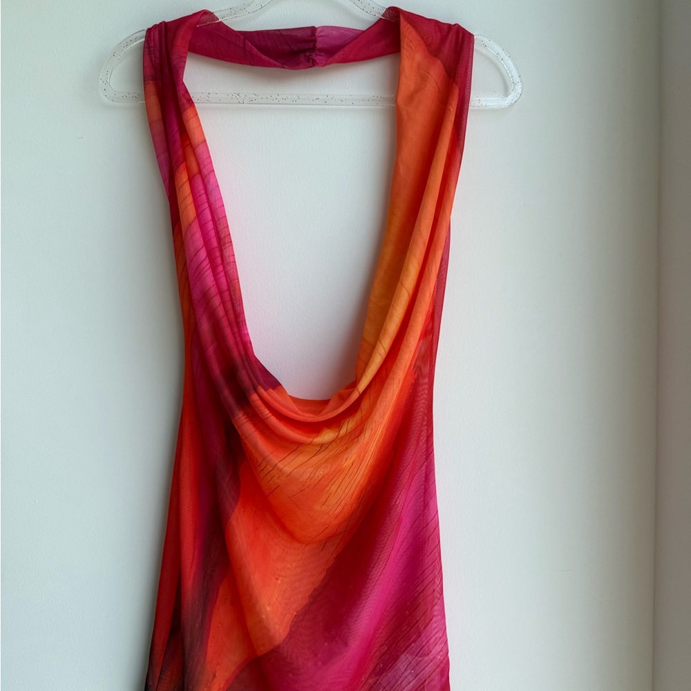 Vibrant Red-Orange Pink Draped Halter Dress